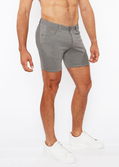Gray jaquard stretch knit chino shorts with a subtle white polka dot pattern made from lightweight fabric