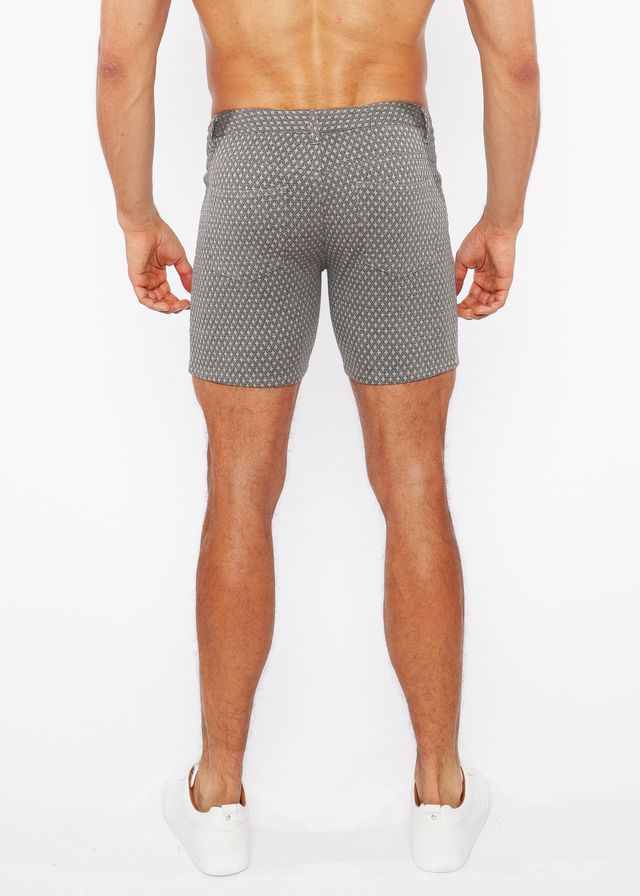 Gray jaquard stretch knit chino shorts with subtle white polka dot pattern made from lightweight fabric