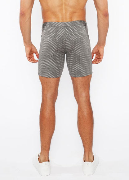 Gray jaquard stretch knit chino shorts with subtle white polka dot pattern made from lightweight fabric