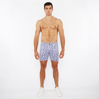 Blue floral patterned men’s jaquard stretch knit shorts showcasing their comfortable and stylish design