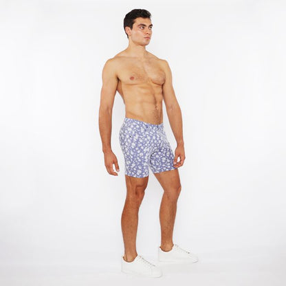 Blue floral-patterned men’s jaquard stretch knit boxer shorts made from soft stretch fabric for comfortable wear