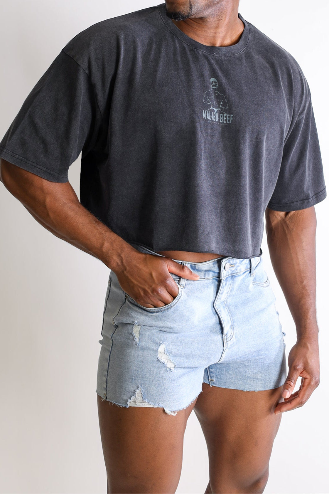 JJ Malibu Men's Vintage-Washed Drop-Shoulder Crop Tee - Beefcake