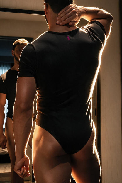 JJ Malibu Men's Striker V-Neck Short Sleeve Bodysuit - Black