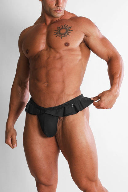 JJ Malibu Men's Ruffle-Trim Athletic Hybrid Swim Thong - Black 2.0