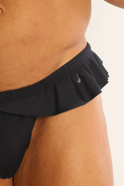 JJ Malibu Men's Ruffle-Trim Athletic Hybrid Swim Thong - Black 2.0