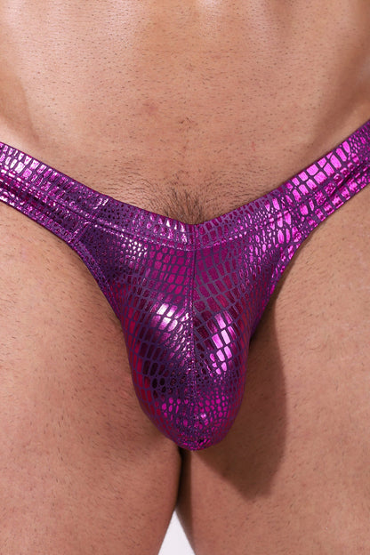 JJ Malibu Men's Metallica Men's Thong with Bulge Pouch - Purple Croc