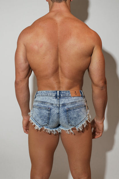 JJ Malibu Men's Vintage Washed Distressed Booty Shorts  - Ice Blue Splatters