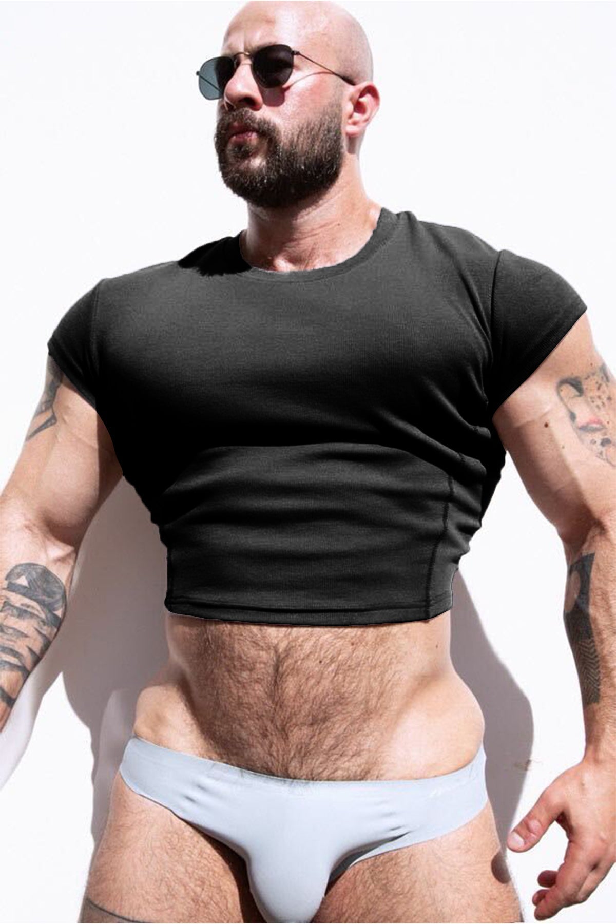JJ Malibu Men's Cap Sleeve Rib Knit Crop Top - Black