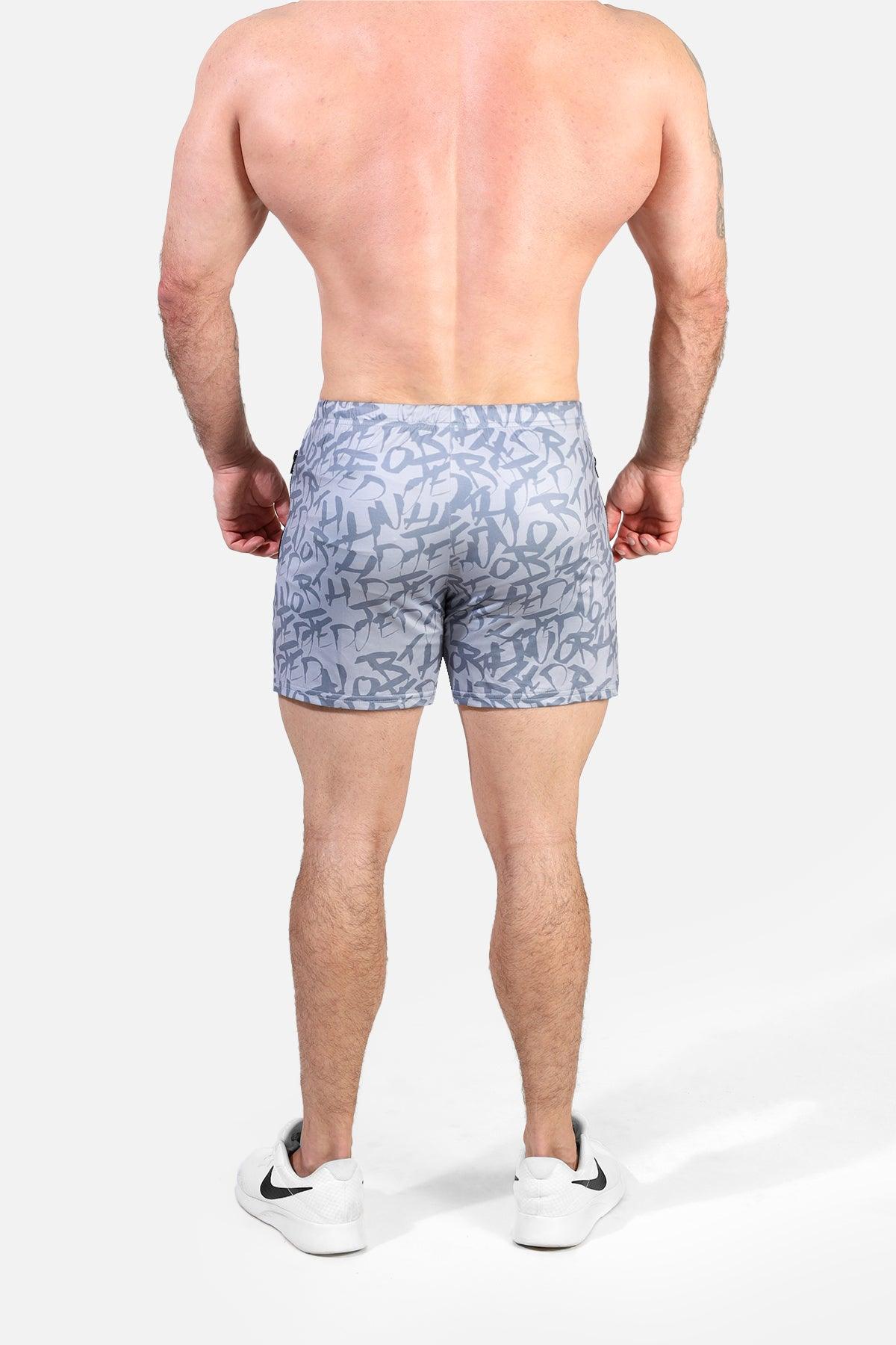 Jed North Men's Agile Bodybuilding 4'' Shorts w Zipper Pockets - Gray Graffiti