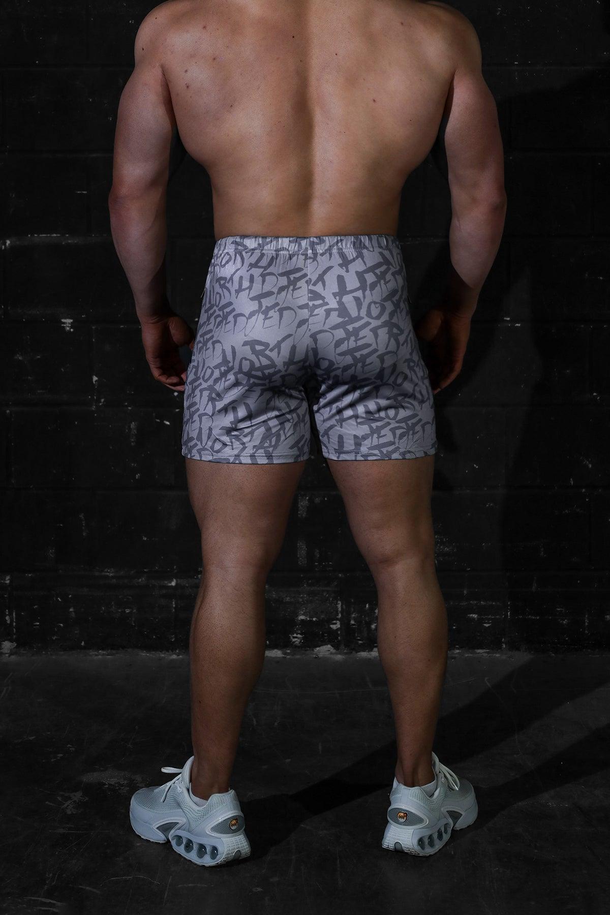 Jed North Men's Agile Bodybuilding 4'' Shorts w Zipper Pockets - Gray Graffiti