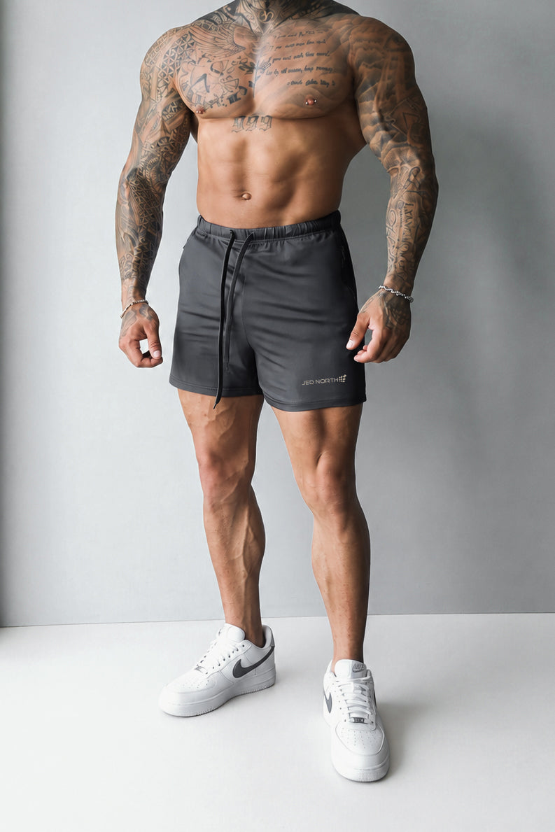 Jed North Men's Agile Bodybuilding 4'' Shorts w Zipper Pockets - True Gray