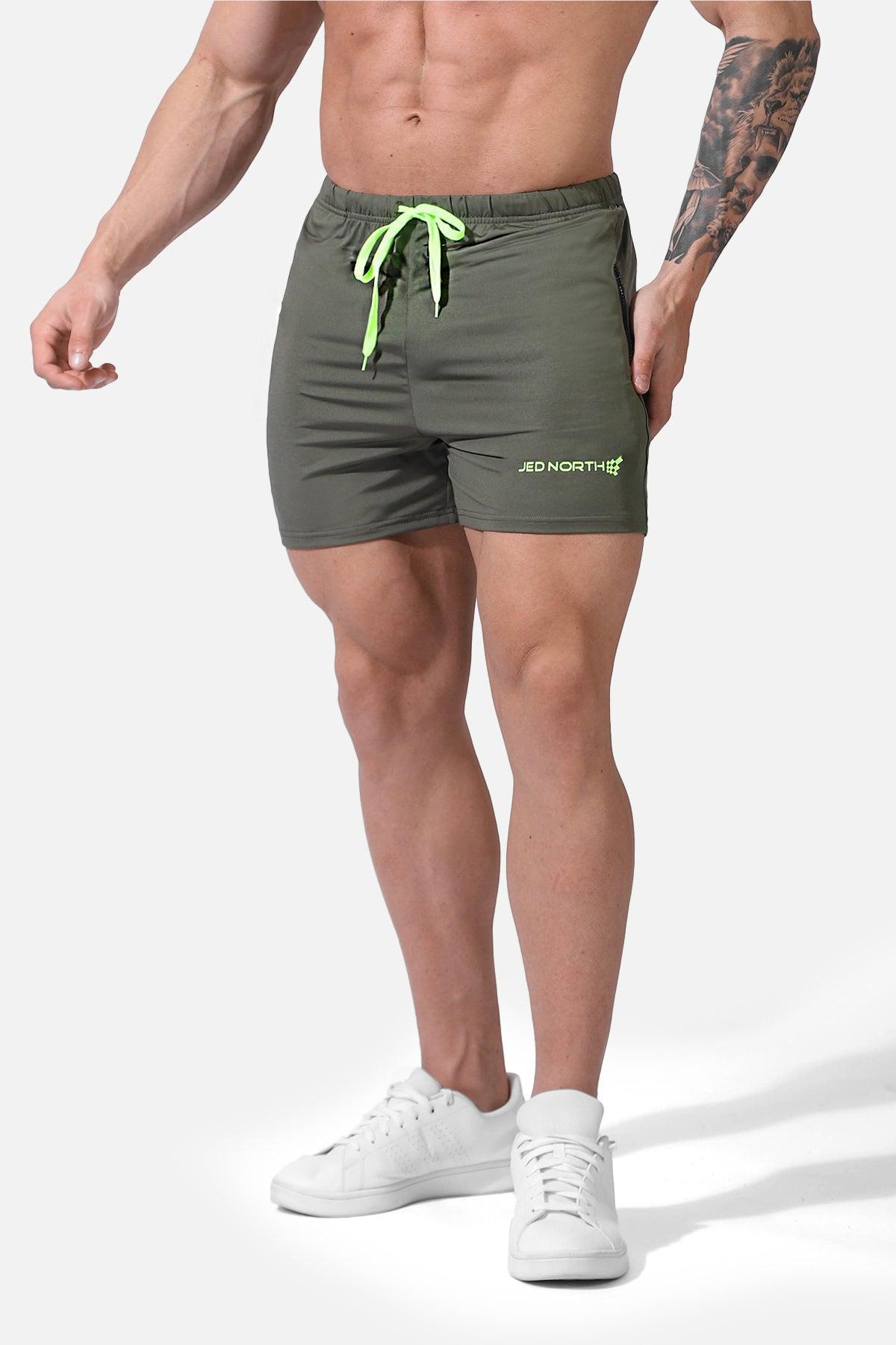Jed North Men's Agile Bodybuilding 4'' Shorts w Zipper Pockets - Olive