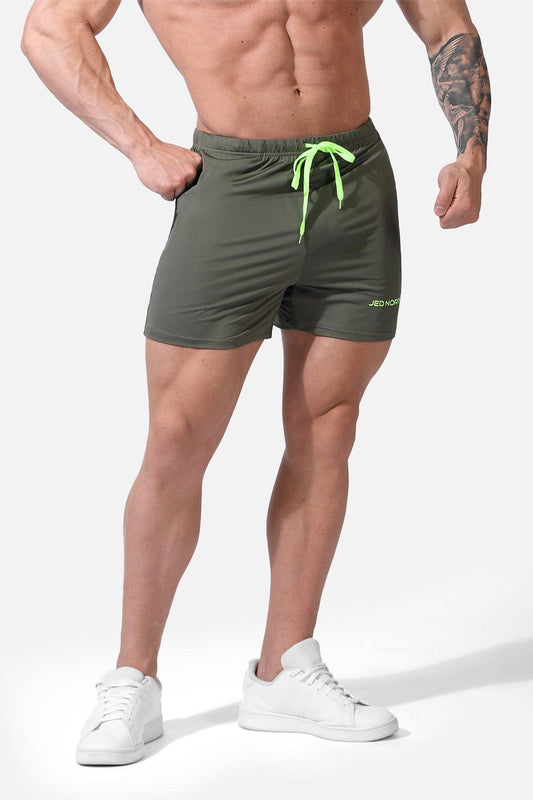 Jed North Men's Agile Bodybuilding 4'' Shorts w Zipper Pockets - Olive