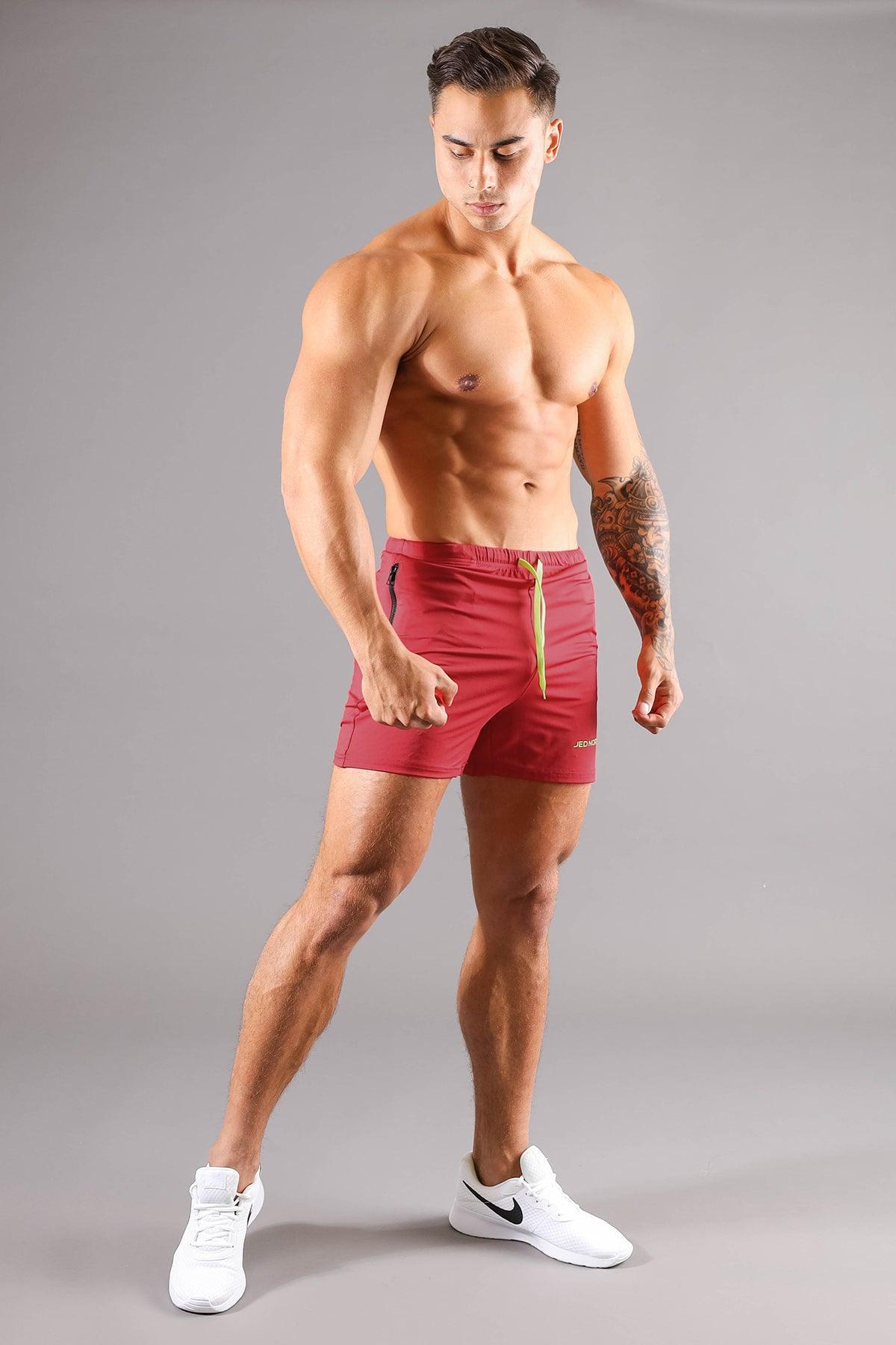 Jed North Men's Agile Bodybuilding 4'' Shorts w Zipper Pockets - Crimson Red