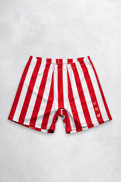 Red and white striped bodybuilding shorts made of lightweight material featuring an elastic waistband by Jed North