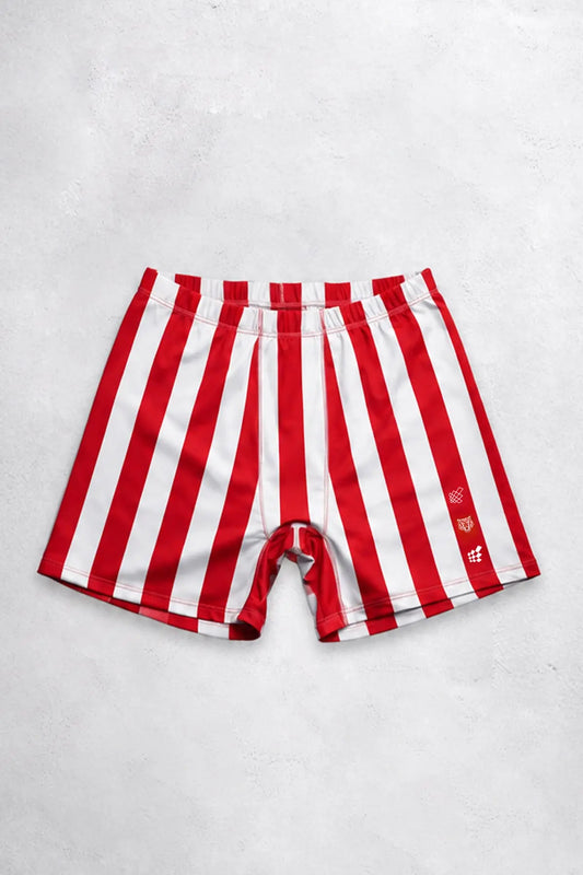 Red and white striped bodybuilding shorts made of lightweight material featuring an elastic waistband by Jed North
