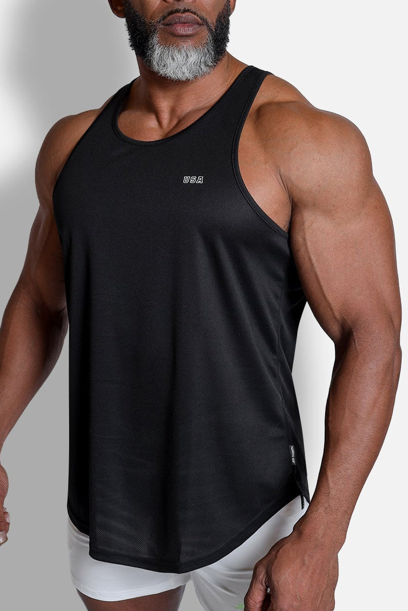 Jed North Men's Fast-Dry Bodybuilding Workout Stringer - Black USA Logo