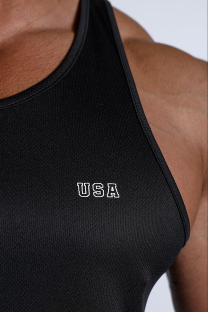 Jed North Men's Fast-Dry Bodybuilding Workout Stringer - Black USA Logo