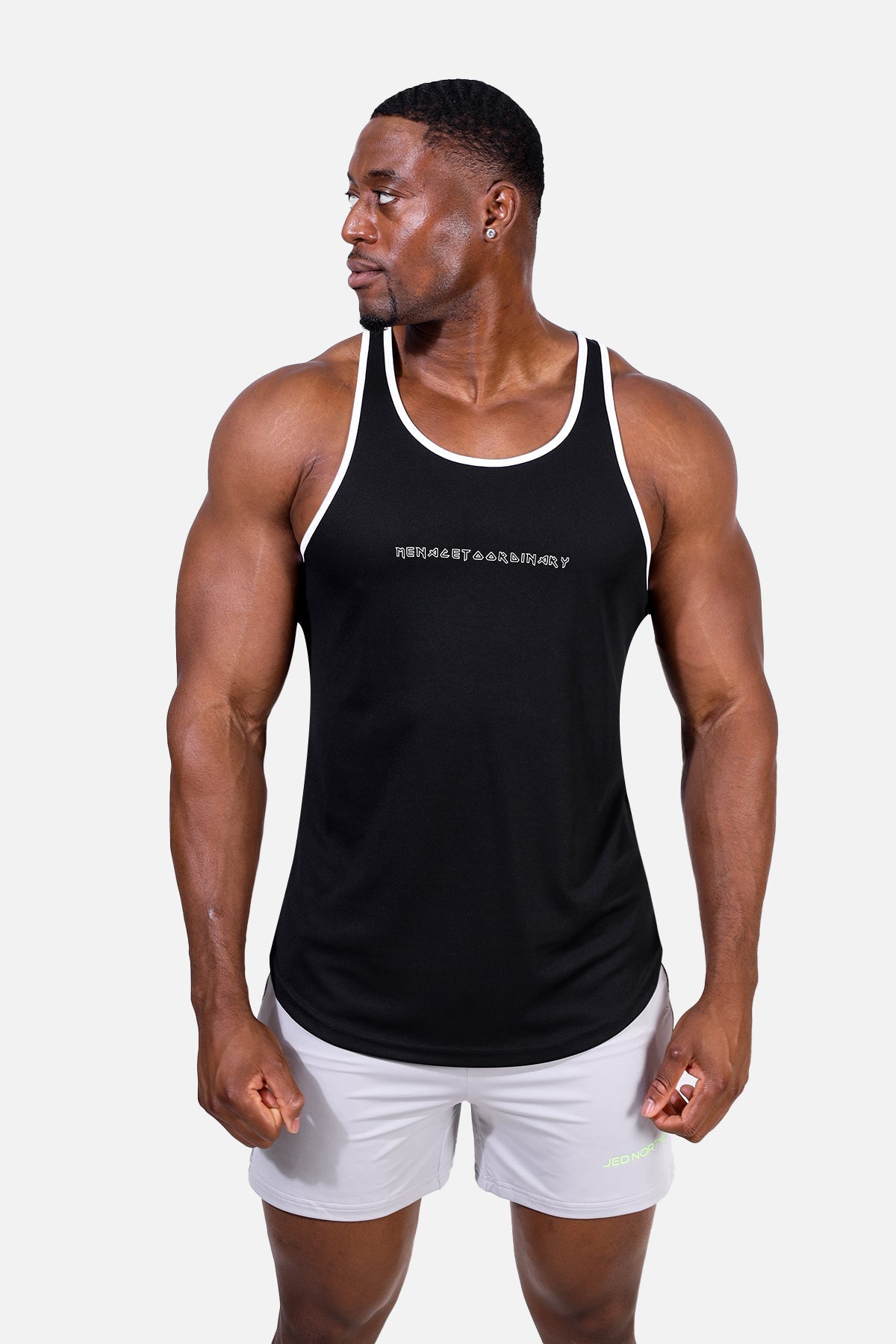 Jed North Men's Fast-Dry Bodybuilding Workout Stringer - Black w/ White Trim