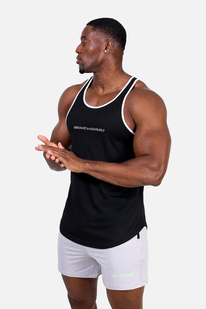 Jed North Men's Fast-Dry Bodybuilding Workout Stringer - Black w/ White Trim
