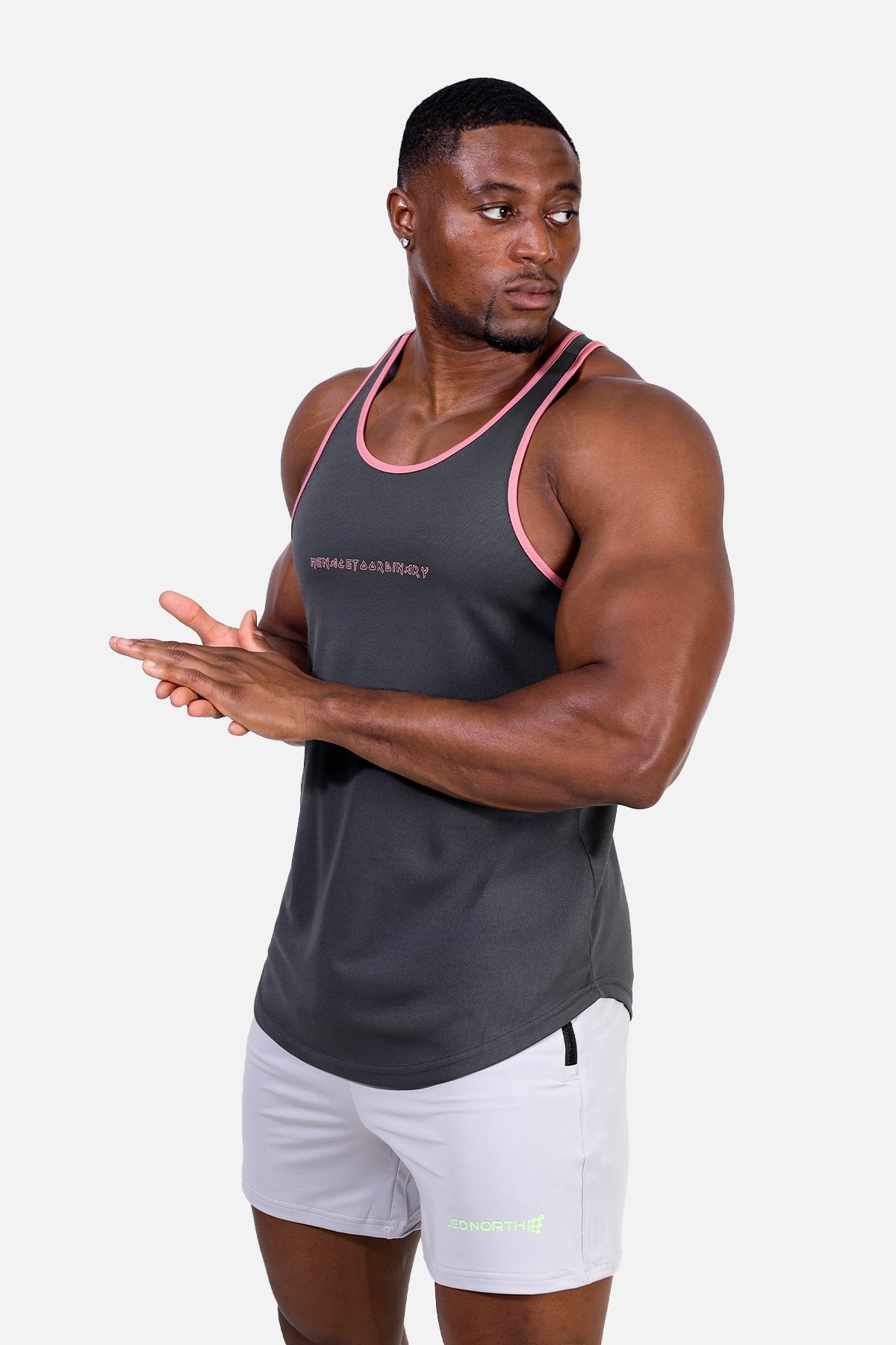 Jed North Men's Fast-Dry Bodybuilding Workout Stringer - Gray w/ Pink Trim
