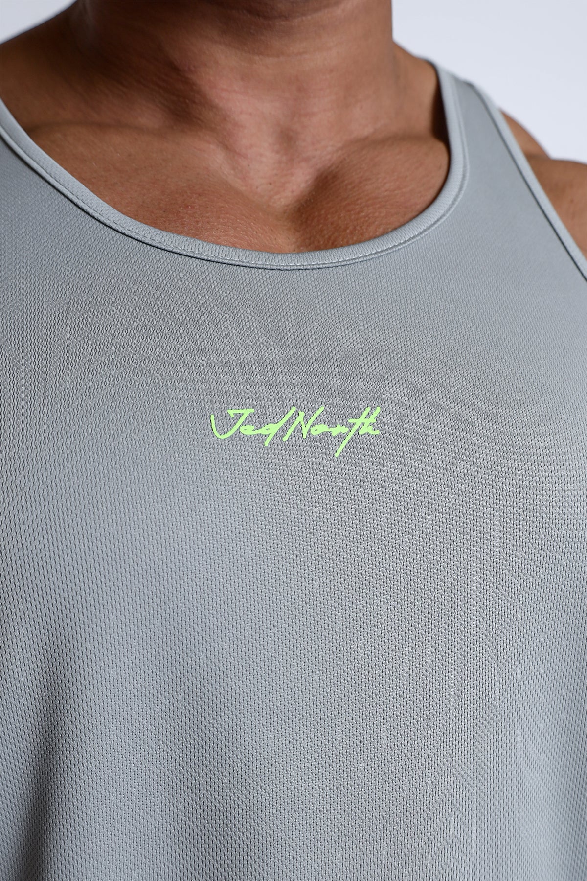 Jed North Men's Fast-Dry Bodybuilding Workout Stringer - Light Gray w/ Neon Logo