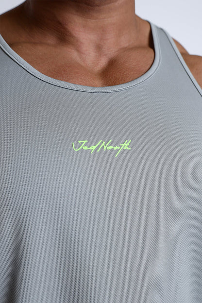 Jed North Men's Fast-Dry Bodybuilding Workout Stringer - Light Gray w/ Neon Logo