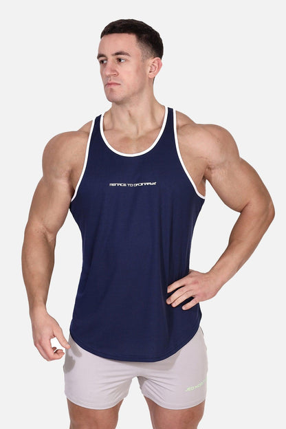 Jed North Men's Fast-Dry Bodybuilding Workout Stringer - Navy w/ White Menace