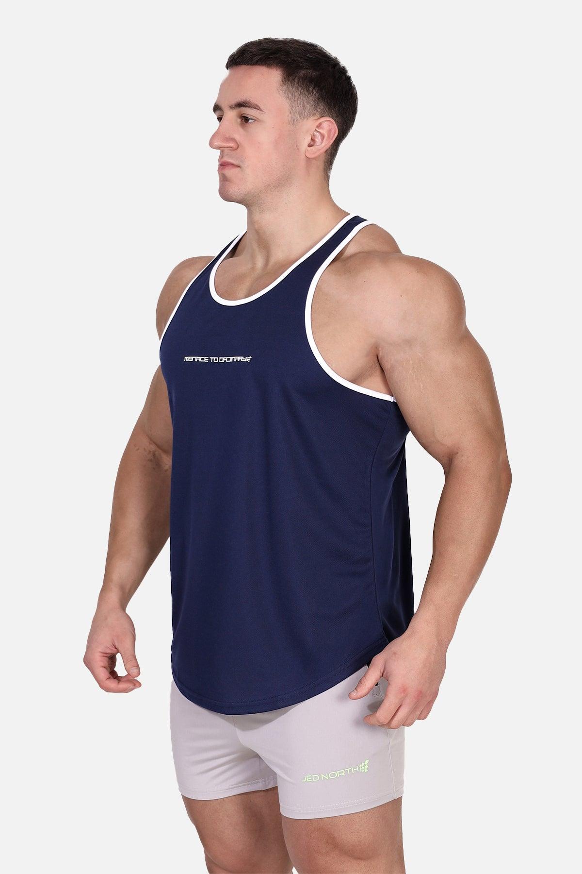 Jed North Men's Fast-Dry Bodybuilding Workout Stringer - Navy w/ White Menace
