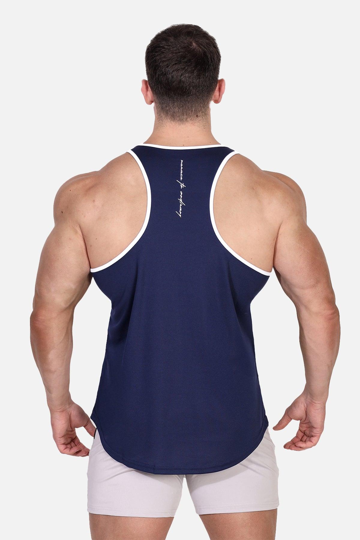 Jed North Men's Fast-Dry Bodybuilding Workout Stringer - Navy w/ White Menace