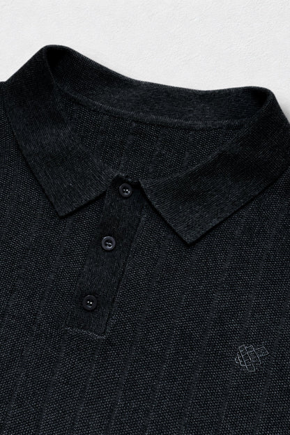 Jed North Men's Rib Knit Collared Polo  - Onyx Black