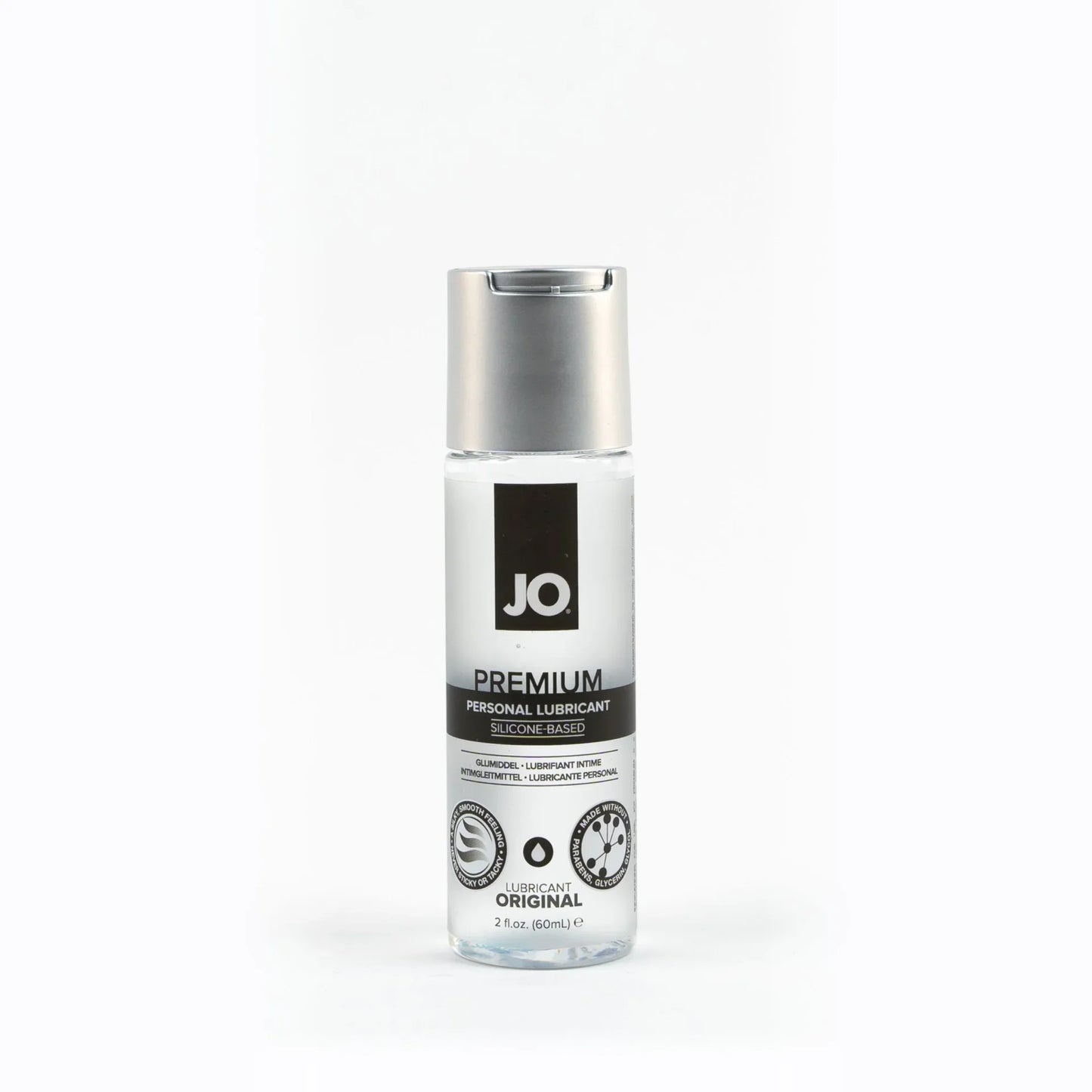 Clear glass bottle with silver cap and black label featuring JO Premium original silicone-based personal lubricant