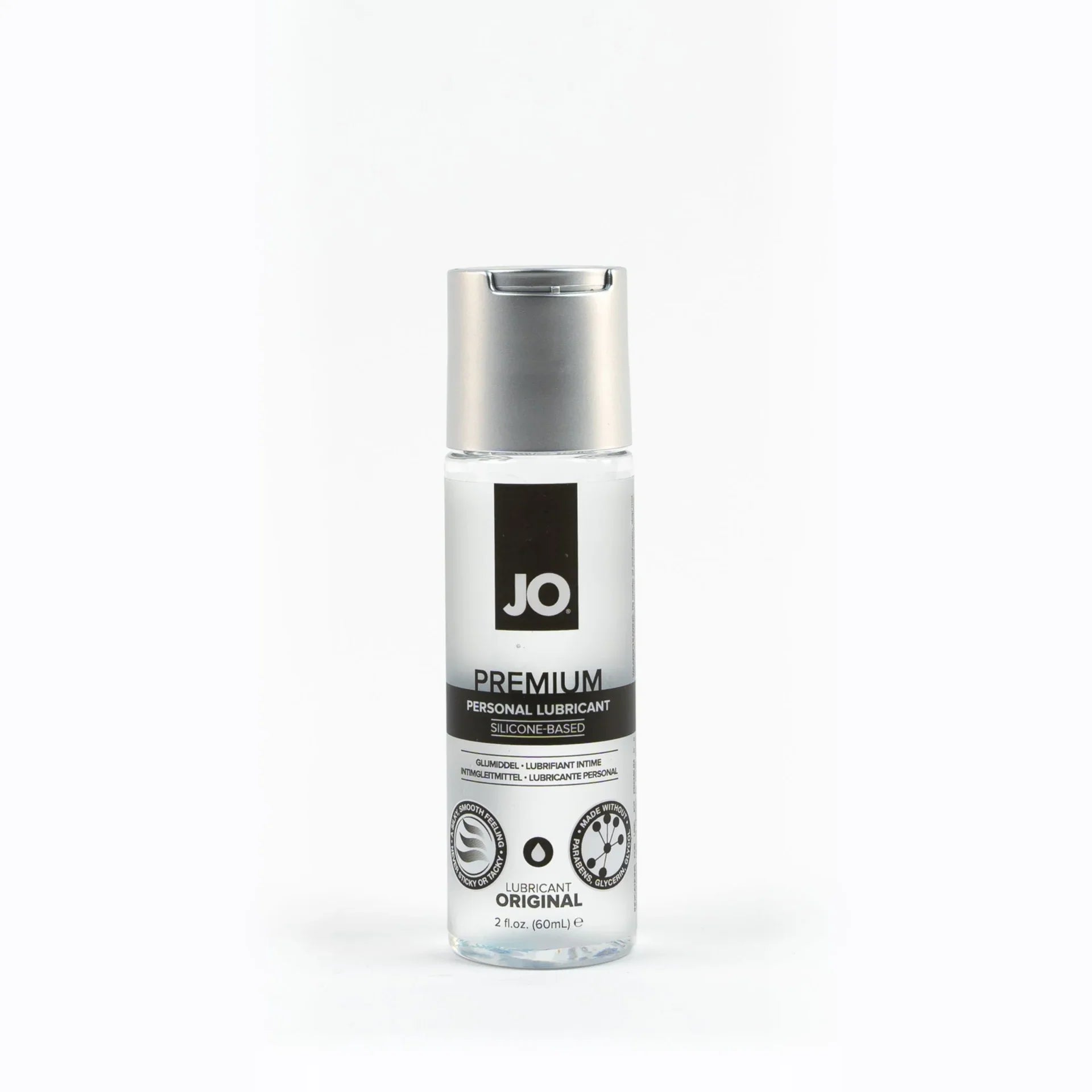 Clear glass bottle with silver cap and black label featuring JO Premium original silicone-based personal lubricant