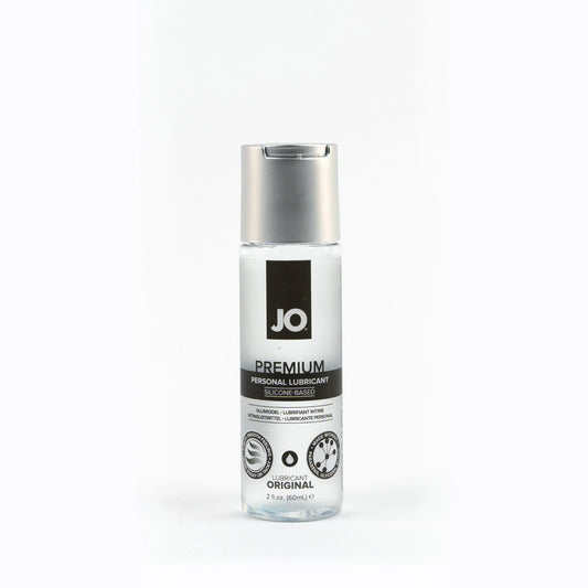 Clear glass bottle with silver cap and black label featuring JO Premium original silicone-based personal lubricant