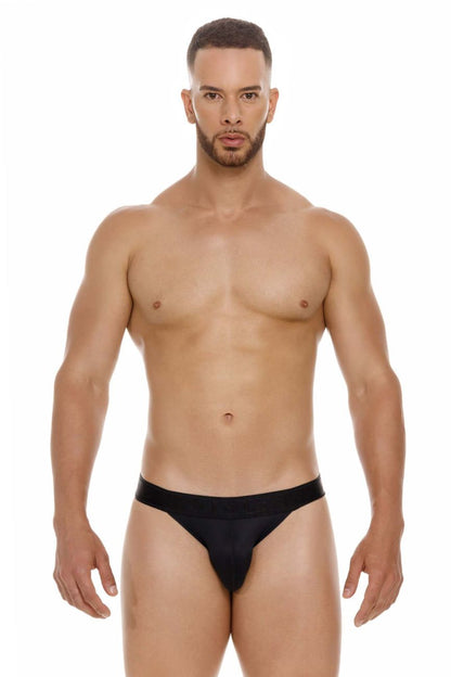 Black sleek form-fitting jor 2050 element thongs made of soft fabric showcasing the front view
