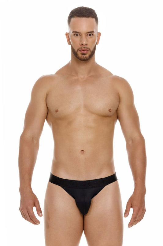 Black sleek form-fitting jor 2050 element thongs made of soft fabric showcasing the front view