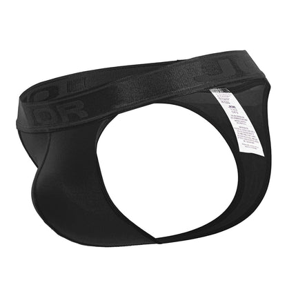 Black jor 2050 element thongs with smooth stretchy fabric and elastic waistband featuring the brand logo