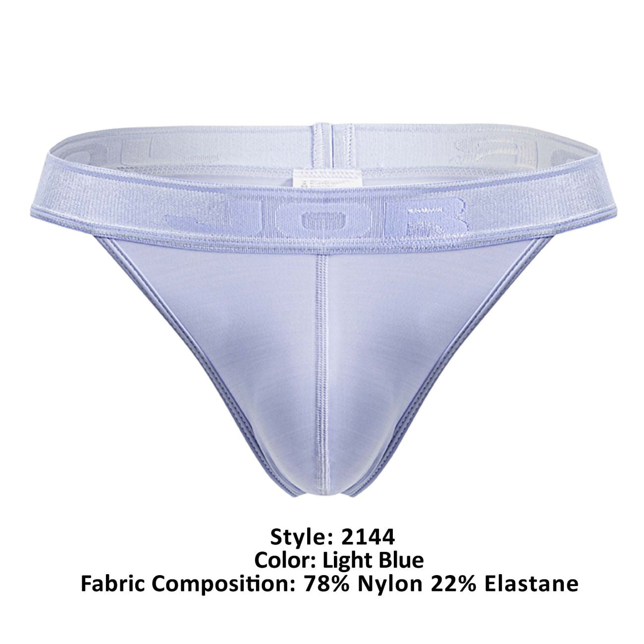 Light blue JOR 2144 element thong made of 78% nylon 22% elastane with sheer fabric and textured waistband