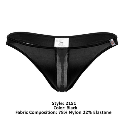 Black jor 2151 apolo thong with sheer mesh panel down center and elastic waistband showing front view