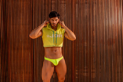 Bright yellow cropped hoodie with green zipper and jor logo on front from jor 2151 apolo thongs color neon yellow collection