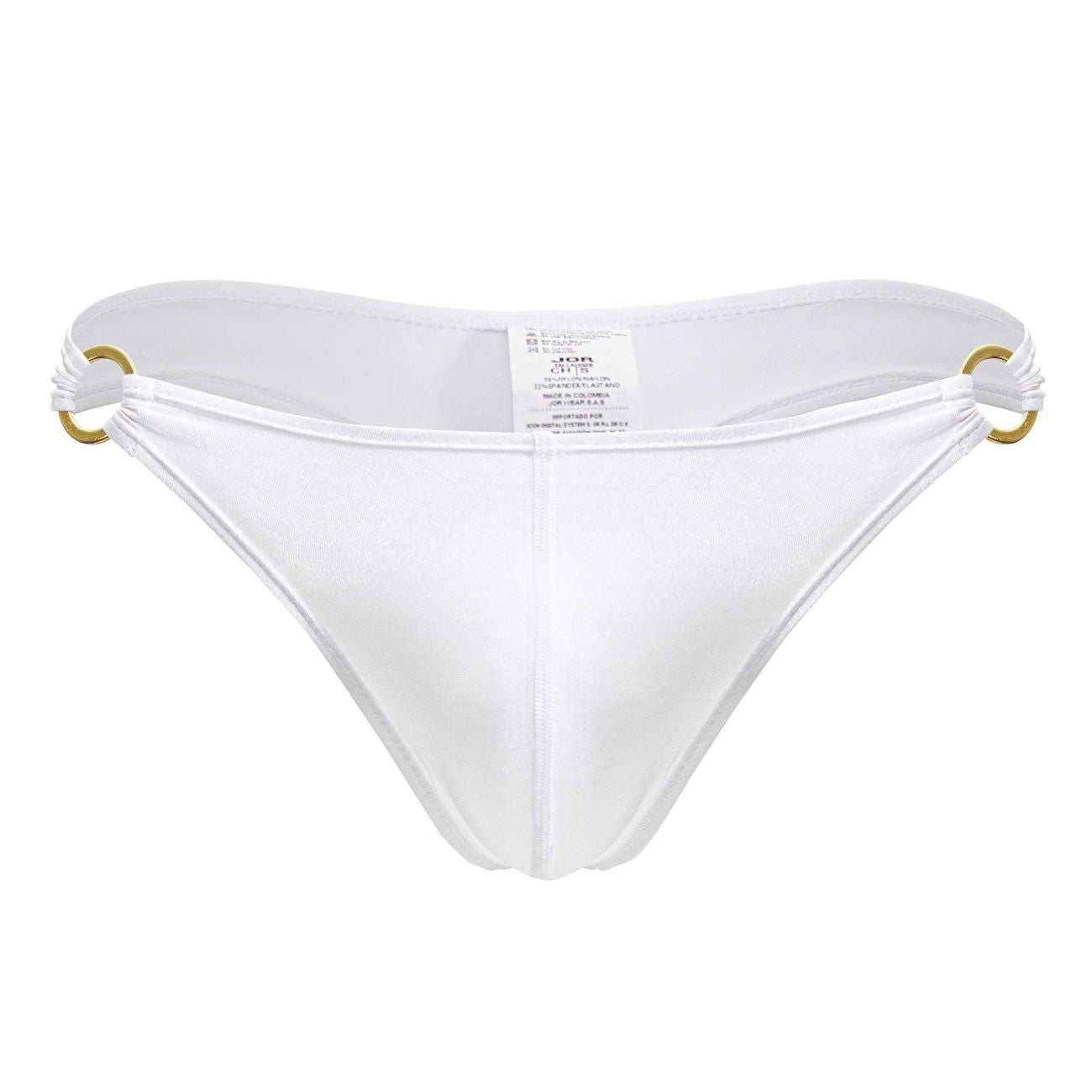 White men’s Magnus thong with gold-tone metal rings at sides in white color for stylish underwear wear