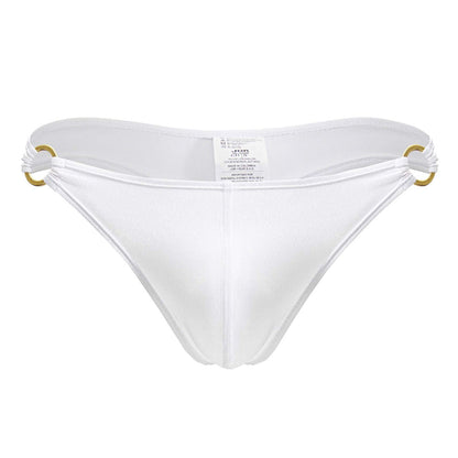White men’s Magnus thong with gold-tone metal rings at sides in white color for stylish underwear wear