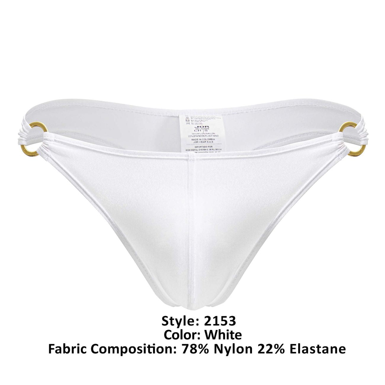 White mens thong jor 2153 magnus with gold-tone metal rings and smooth nylon elastane fabric in white