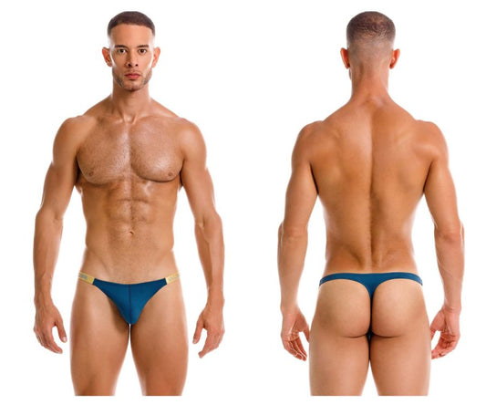 Blue thong with gold trim in petrol color from jor 2158 eros thongs collection showing front view