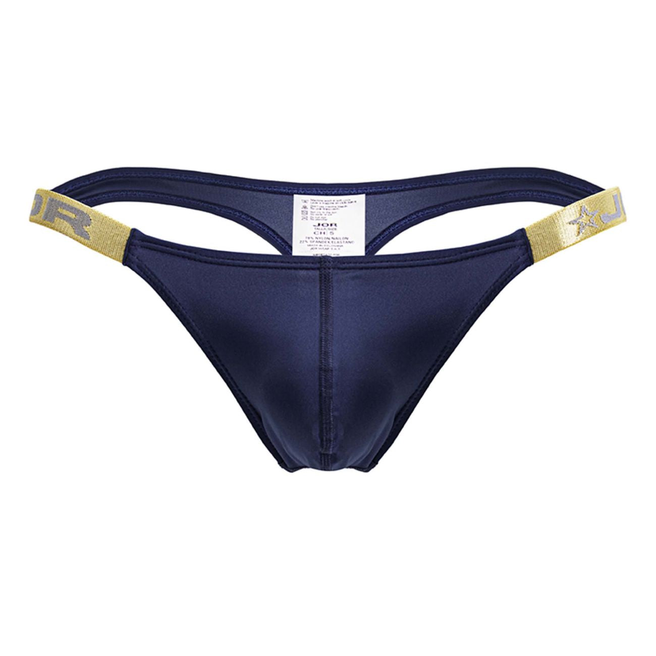 Navy blue satin thong with gold elastic waistband featuring star and jr logo from JOR 2158 Eros thongs Petrol color