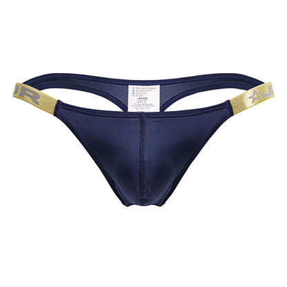 Navy blue satin thong with gold elastic waistband featuring star and jr logo from JOR 2158 Eros thongs Petrol color