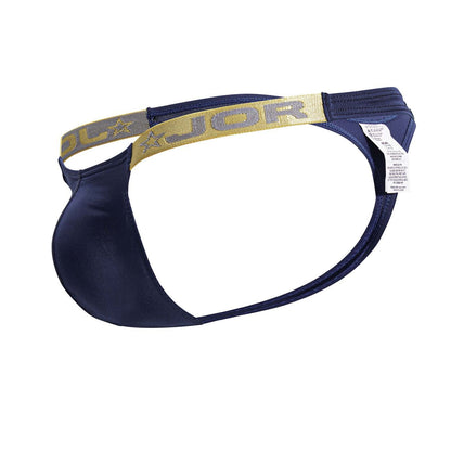 Navy blue JOR 2158 Eros thong with gold and gray star logo elastic waistband in petrol color front view