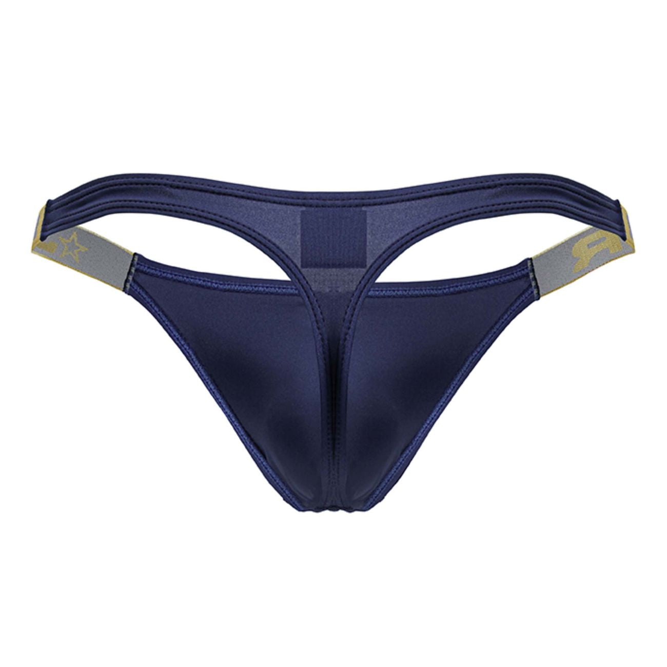 Navy blue satin JOR 2158 Eros thong with gold and gray trim on the waistband in color petrol