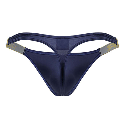 Navy blue satin JOR 2158 Eros thong with gold and gray trim on the waistband in color petrol