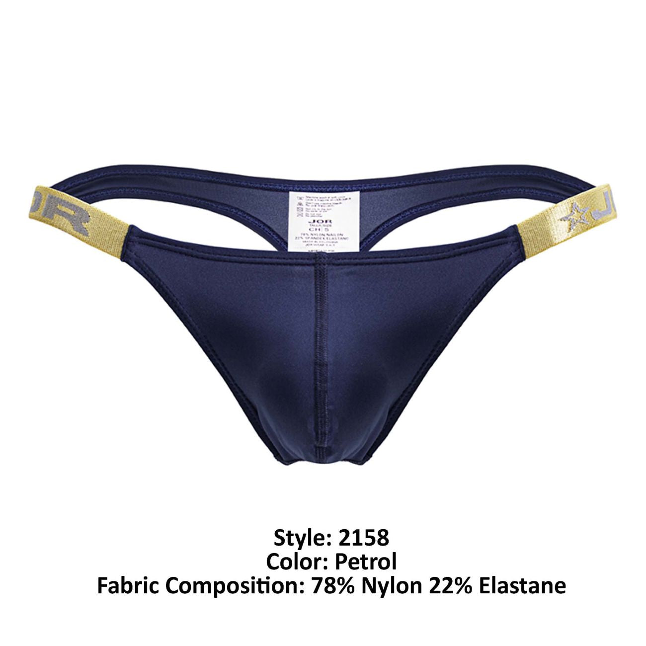 Navy blue jon brand thong with gold-trimmed waistband and star logo in jor 2158 eros thongs color petrol